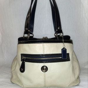 Coach Laura Off White Ivory Leather & Navy Blue Trim Tote Purse $50